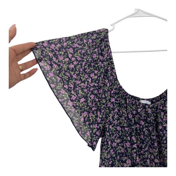 Time And Tru Women XL Floral Midi Dress Flutter Sleeves Navy Purple Lightweight - Picture 5 of 13